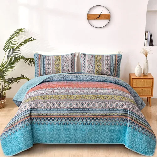 Vista 23 de WONGS BEDDING Juego de edredón bohemio tamaño individual, juego de ropa de cama azul bohemio individual, colcha de microfibra ligera con funda