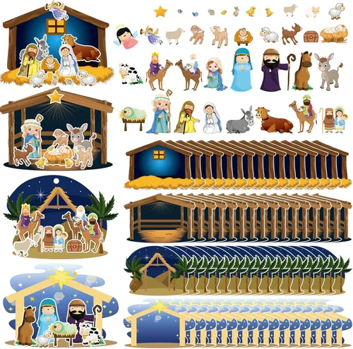 Glenmal 64 hojas Adhesivos para hacer un pesebre navideño Adhesivos para manualidades religiosas de Navidad para niños con escena en cartón y cuerda