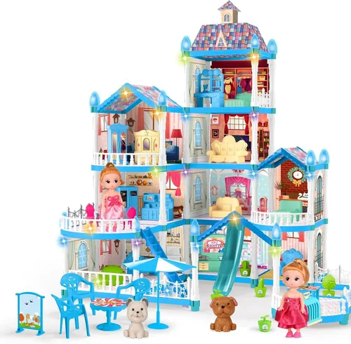 Vista 7 de Casa de Muñecas OCTERIC para Niñas, Casa de Muñecas de 13 Habitaciones con 2 Muñecas, Luces, Figuras, Cachorros, Muebles, Accesorios, Juguetes