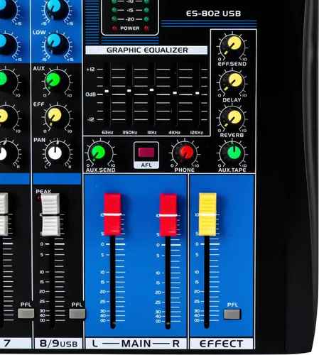 Vista 30 de Mini mezcladores de DJ de 5 canales, mezclador de audio en vivo, tablero de sonido con USB, interfaz de audio con 48 V Phantom Power Sonidos