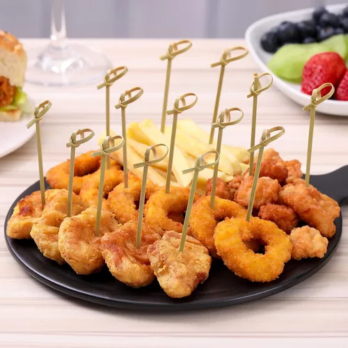 Vista 6 de 100 palillos de cóctel, palillos de dientes de 4.7 pulgadas para aperitivos, brochetas de nudo de bambú natural, mini palitos de comida, selecciones