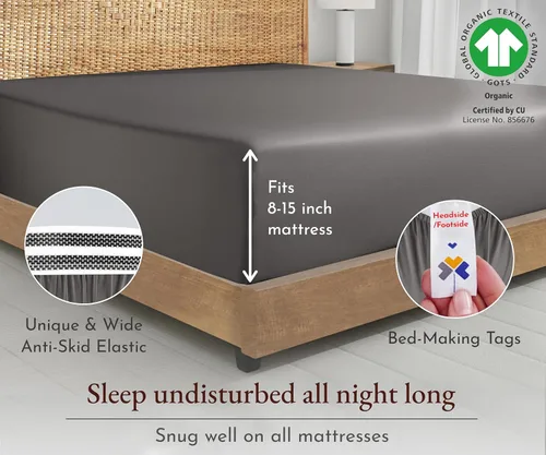 Vista 2 de Sábana bajera, 100% de algodón orgánico, tejido de percal, refrescante, ligera, ajustada, fresca, con bolsillo profundo, tamaño Queen, color gris