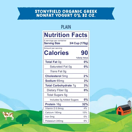 Vista 6 de Stonyfield Organic Yogur griego sin grasa, Natural, 32 onzas. Alto en proteínas (16g), 0% de grasa; aperitivo de yogur multiporción y sustituto