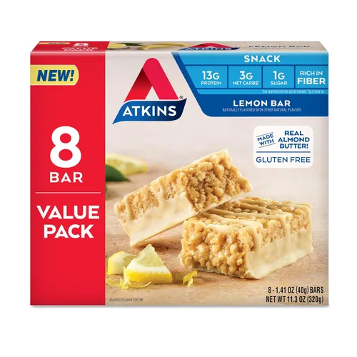 Atkins Barra de limón, hecha con mantequilla de almendras real, 0.04 onzas de azúcar, sin gluten, alta en fibra, apta para dieta cetogénica, 8