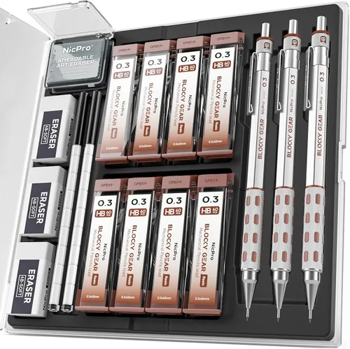 Nicpro Juego de 3 lápices mecánicos metálicos Blocky Gear de 0.3 mm con estuche, lápiz de dibujo con 8 tubos (480 piezas) de recambios de plomo, 4