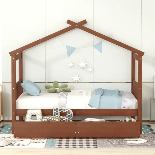 Vista 120 de Merax Cama de madera de tamaño individual con dos cajones, marco de cama de madera con techo para niños, adolescentes, niños o niñas, gris