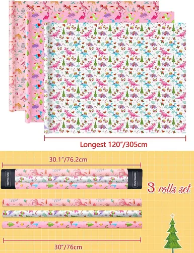 Vista 4 de Rollos de papel de regalo de Navidad de dinosaurios, 3 rollos de 30 x 120 pulgadas (75 pies cuadrados en total) rollos de papel de regalo