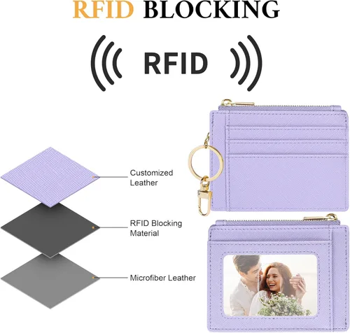 Vista 5 de Sodsay Estuche para tarjetas, cartera delgada con bolsillo frontal, para mujer, sujetatarjetas con llavero