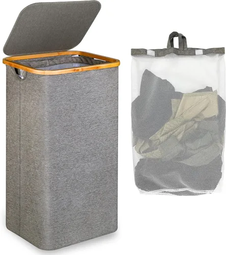 Vista 9 de efluky Cesta de lavandería delgada con tapa, cesta estrecha para la ropa sucia con bolsa extraíble, cesta de ropa sucia delgada con asas de bambú