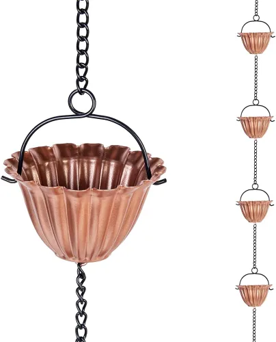 Vista 10 de Cadenas de lluvia de 10 pies para exterior, cadena de canalón de lluvia con 12 copas de flores, cadena de captura de agua de lluvia ajustable