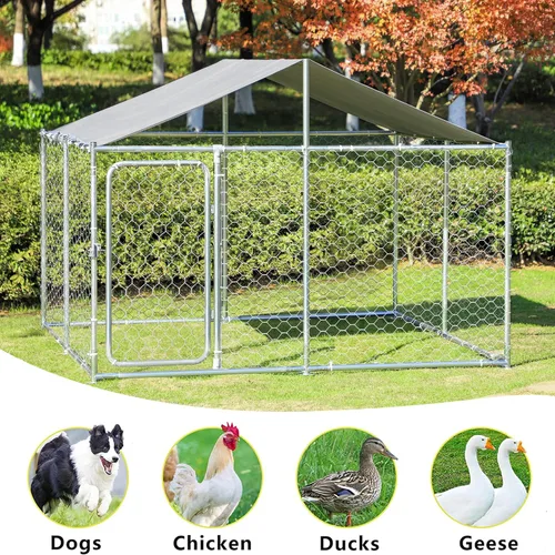 Vista 8 de Perreras grandes de metal para perros al aire libre, cubierta de techo impermeable anti-ultravioleta, jaula de acero galvanizado con puerta