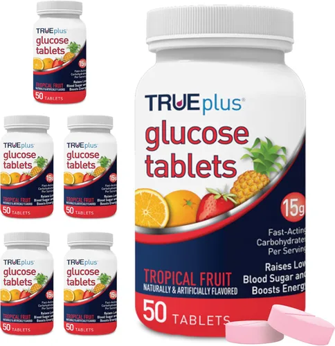 Vista 24 de TRUEplus Tabletas de Glucosa, Sabor Variado (Uva, Frambuesa, Naranja) - Caja de 50 unidades con 12 Botellas