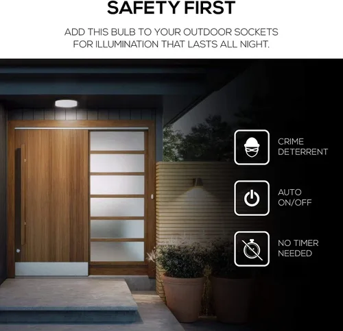 Vista 6 de Bombilla LED A19 Yaxa Basics con sensor de atardecer a amanecer para exterior, equivalente a 60 W, energía eficiente 9 W, luz de día 5000K, base