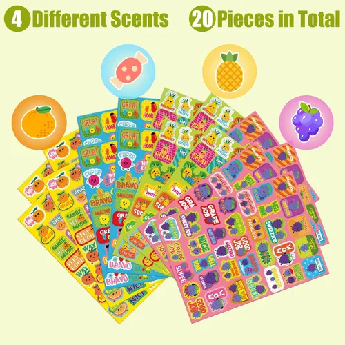 Vista 4 de Eersida 750 calcomanías perfumadas de recompensa olorosas para el aula de niños, calcomanías motivacionales para rascar postres y frutas