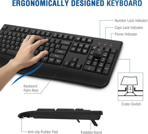 Vista 2 de EDJO Wireless Keyboard, 2.4G Ergonomic Full Size Wireless Computer Keyboard with Wrist Rest for Windows, Mac OS Desktop/Laptop/PC（Black）