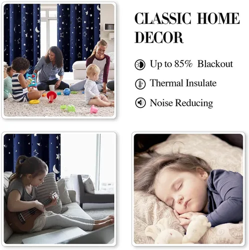 Vista 4 de WUBODTI Cortinas opacas de estrella azul marino para habitación de niños, juego de 2 paneles de 63 pulgadas de largo, cortinas cortas con estampado