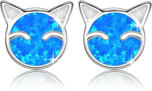YZSFMZGE Blue White Opal Cat Stud Earrings Necklace, 925 Sterling Silver Cat Opal Stud Earrings Necklace for Women Cute Cat Jewelry for Girls