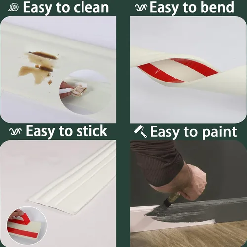 Vista 3 de Moldura de zócalo pintable Base de pared de vinilo de diseño autoadhesivo para despegar y pegar, tiras para calafatear y recortar para piso, riel