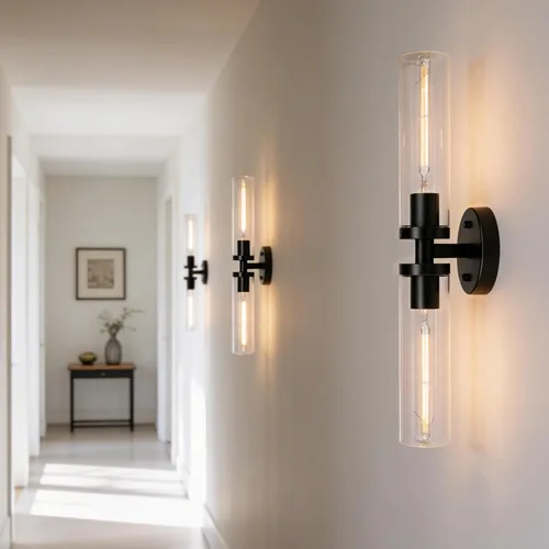 Vista 7 de Juego de 2 apliques de pared, lámparas de baño cableadas, iluminación de pared moderna para tocador de baño con pantalla de vidrio transparente