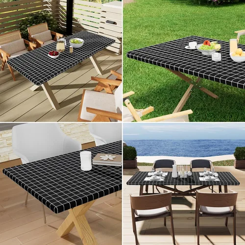 Vista 73 de Mantel rectangular, manteles de plástico elásticos ajustables con parte trasera de franela para mesas de 4 pies, manteles de vinilo impermeables