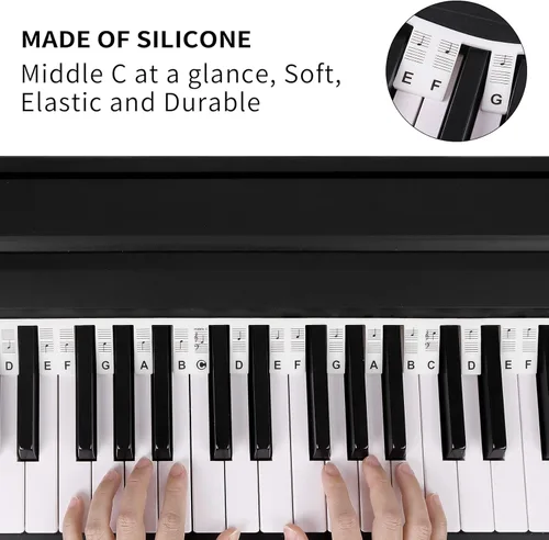 Vista 2 de Calcomanías para teclado de piano, calcomanías de teclado, calcomanías extraíbles para notas, 88 teclas, tamaño completo para principiantes y Negro