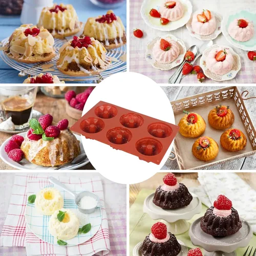 Vista 7 de Goensjt Mini Bundt - Molde para tartas de silicona con 6 cavidades, moldes de silicona antiadherente para hornear cupcakes, donas, magdalenas, pan