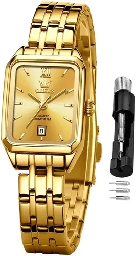 OLEVS Square Watches for Women Dress Analog Small Female Watch Stainless Steel Waterproof Luminous Two Tone Fashion Set Watch for Lady