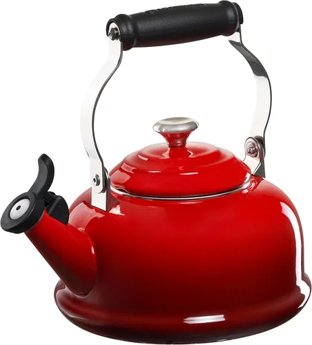 Vista 8 de Le Creuset Hervidor de té silbante esmaltado en acero con acabados metálicos, 1.7 cuartos de galón., Llama