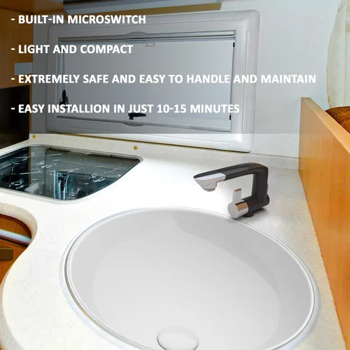 Vista 4 de Grifo de agua eléctrico de 12 V con interruptor Ideal para fregadero de cocina y como conexión de bomba en RV, cámper, remolque, cámper o barco