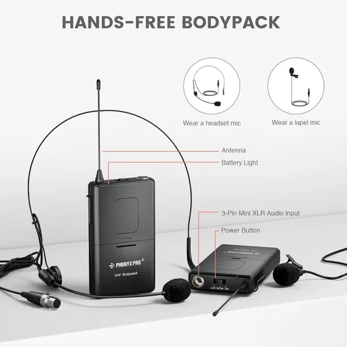 Vista 5 de Phenyx Pro Sistema de micrófono inalámbrico, juego de micrófono inalámbrico VHF de 4 canales con 2 portátiles/2 bodypacks/2 solapas/2 auriculares