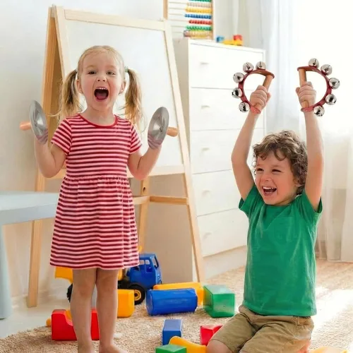 Vista 15 de Stoie's Instrumentos musicales de madera para niños pequeños con tambor, flauta, campanas de mano, platillos, castañuelas, triángulo, para bebés