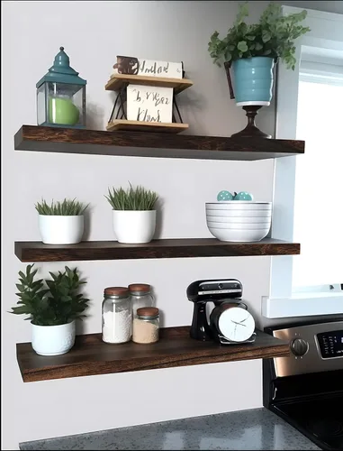 Vista 3 de Estantes flotantes de madera para decoración de pared, estantes de pared rústicos para dormitorio, baño, cocina, sala de estar, juego de 4