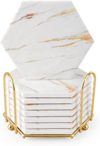 Vista 13 de Juego de posavasos de mármol para protección de mesa, 8 posavasos con soporte de metal, decoración del hogar, posavasos de bar