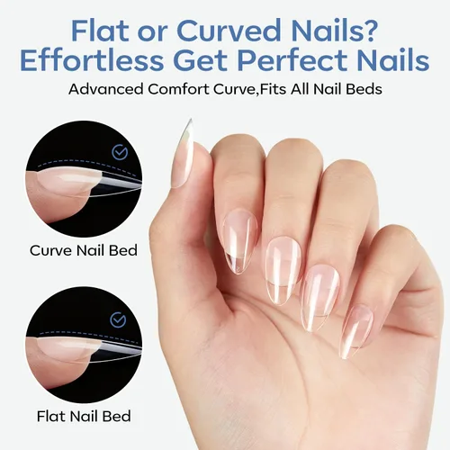 Vista 3 de modelones Puntas de uñas cortas de almendra, 360 piezas pre-grabadas al ácido, uñas postizas transparentes suaves de presión, cobertura completa