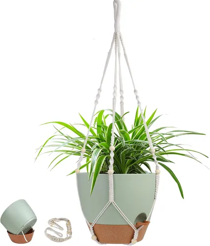 Colgador de macramé de 41.5 pulgadas para interiores y exteriores con maceta de 12 pulgadas, maceta colgante para plantas con cuentas de madera para