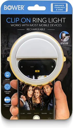 Vista 2 de Bower Anillo de luz con clip para teléfono 36 LED ultra amplio rango recargable selfie luz con 3 niveles de brillo – ideal para fotos de selfies