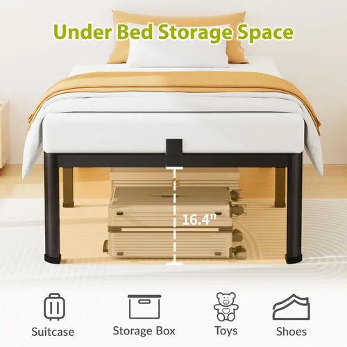 Vista 5 de Superay Marco de cama de plataforma de metal de tamaño individual de 18 pulgadas con esquinas redondas, espacio de almacenamiento debajo del marco