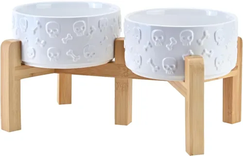 Vista 11 de SPUNKYJUNKY Cuencos elevados de cerámica para perros, 5.1 pulgadas, para comida de perros y gatos, cuencos elevados con soporte de bambú Negro