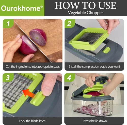 Vista 6 de Picadora de verduras Ourokhome con recipiente, picadora manual de verduras con 2 cuchillas de corte para tiras de papa, cubos de cebolla, palitos
