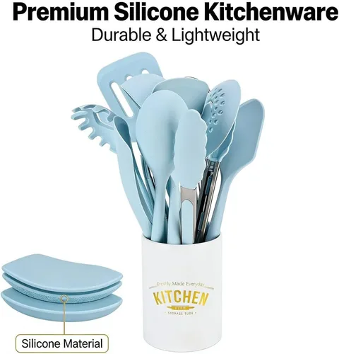 Vista 2 de Silicone Kitchenware Cooking Utensils Set, 12PCS Blue - Heat Spatula, Composite Wood Handle, Home Cooking Essential