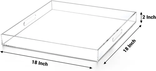 Vista 2 de Bandeja otomana transparente extra grande con asas 18"x18"x2" bandeja de servir de acrílico a prueba de derrames, bandeja organizadora decorativa
