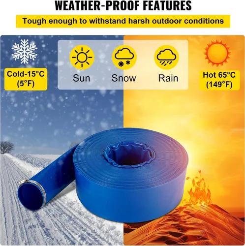 Vista 5 de VEVOR Manguera de descarga, 1-1/2 pulgadas x 100 pies, manguera plana de tela de PVC, manguera de drenaje resistente con abrazaderas, resistente a