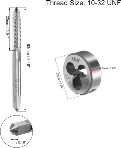 Vista 2 de uxcell 10-32 UNF Juego de llaves y troqueles con llave de mango redondo de 0.787 in, grifo de rosca de máquina de acero de alta velocidad