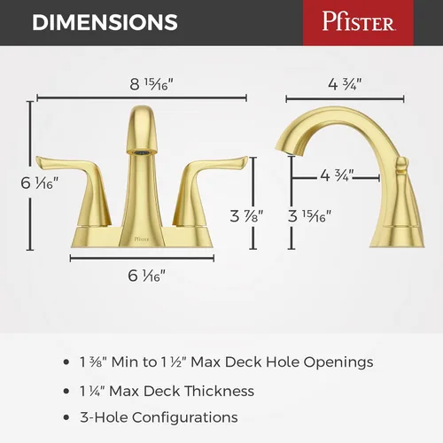 Vista 3 de Pfister Willa LF048MALBG - Grifo de lavabo de baño de 4 pulgadas, 2 manijas y 3 agujeros, certificado NSF, acabado dorado cepillado con drenaje
