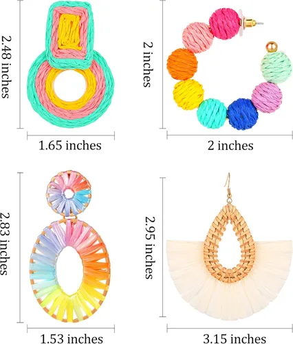Vista 6 de KRORZTOT Aretes de rafia para mujer, juego de aretes de ratán a granel, aretes de aro con cuentas, hechos a mano, aretes de borla bohemios