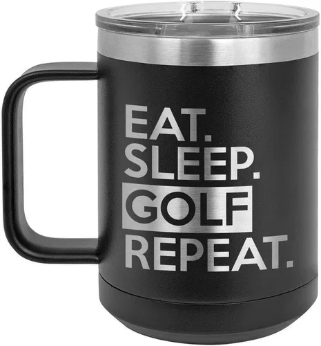 EAT SLEEP GOLF REPEAT Taza de café negra de 15 oz con tapa deslizante | Taza de café de viaje aislada | Ideas de regalos de cumpleaños o Navidad de