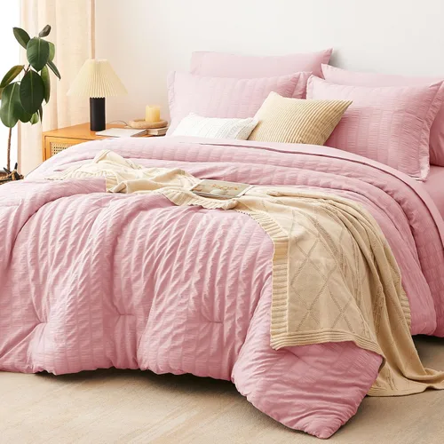 Vista 27 de CozyLux - Juego de edredón doble con sábanas de 5 piezas, color blanco con textura de sirsaca en una bolsa para niñas, juego de ropa de cama de lujo