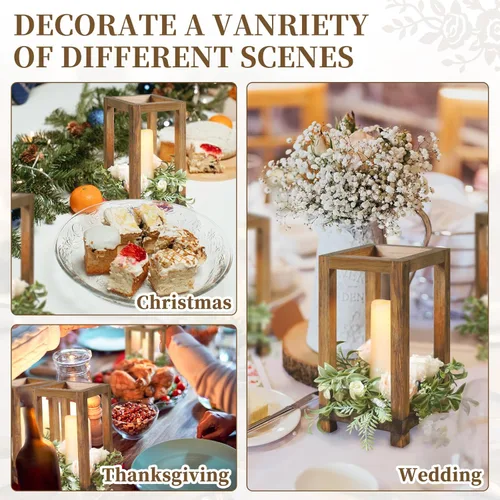 Vista 4 de 12 linternas de madera para centros de mesa de boda decorativos, portavelas rústico decorativo para fiesta de boda, linterna de vela sin llama