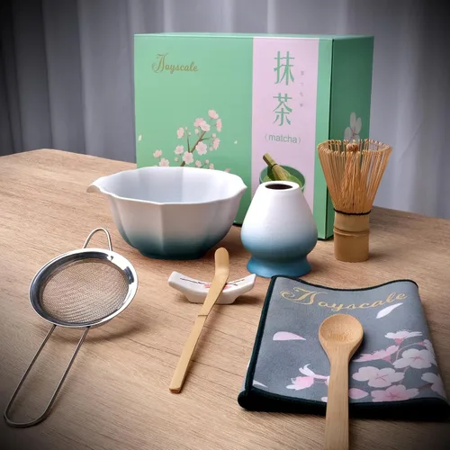 Vista 2 de Joyscale Juego de batidor de matcha, juego de batidor y cuenco, juego de 8 piezas de kit de matcha (diseño de loto), 11 onzas, juego de té Matcha