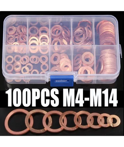 Vista 6 de Kit surtido de arandelas de cobre, juntas planas, 100 piezas M4, M5, M6, M8, M10, M12, M14